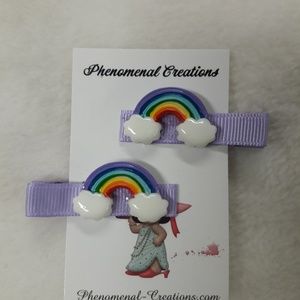 Girls Handmade Grosgrain Ribbon Rainbow Cabochon Hair Clips